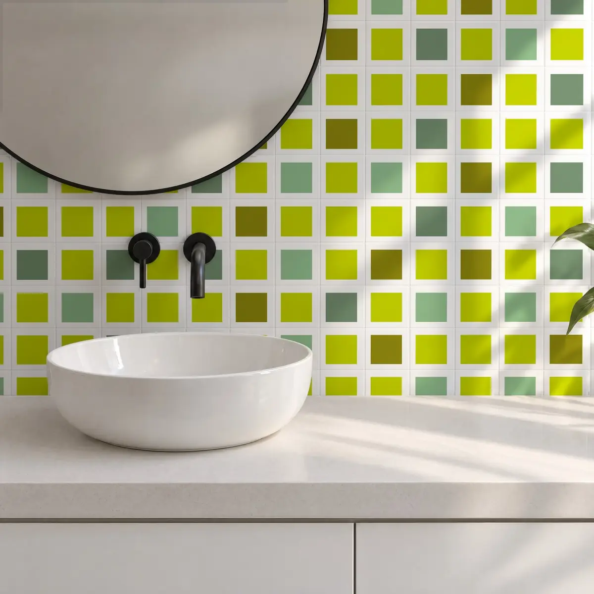 Baño alicatado con Azulejo Square Blanco Brillo 10x10 Verde Pistacho combinado con otros colores