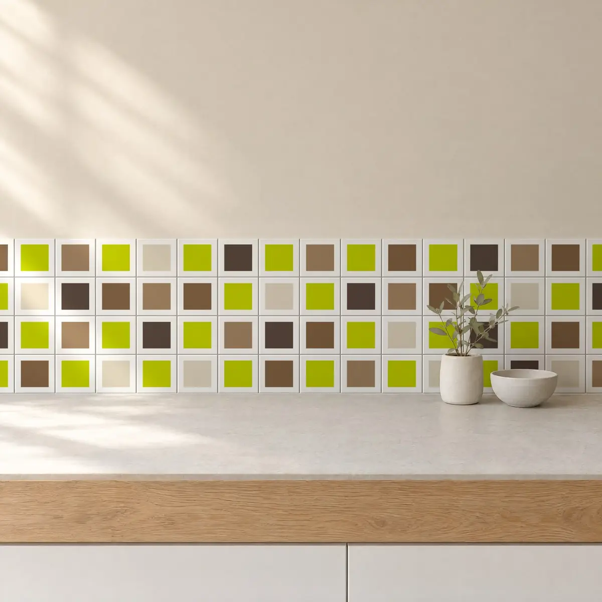 Cocina con Azulejo Square Blanco Brillo 10x10 Verde Pistacho combinado con otros colores