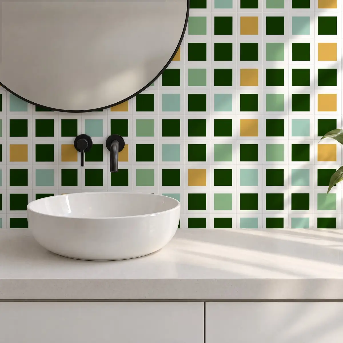 Baño alicatado con Azulejo Square Blanco Brillo 10x10 Verde Victoriano combinado con otros colores