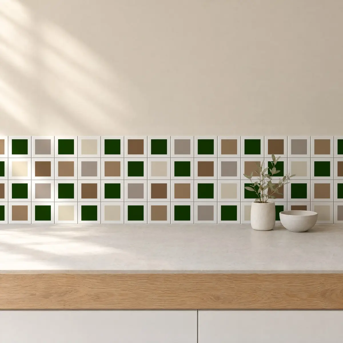 Cocina con Azulejo Square Blanco Brillo 10x10 Verde Victoriano combinado con otros colores