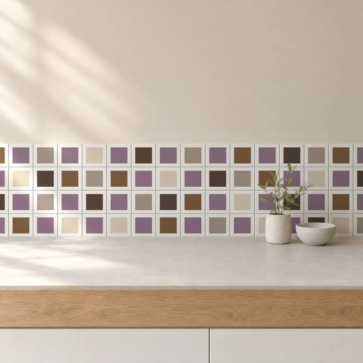 Cocina con Azulejo Square Blanco Brillo 10x10 Violeta combinado con otros colores