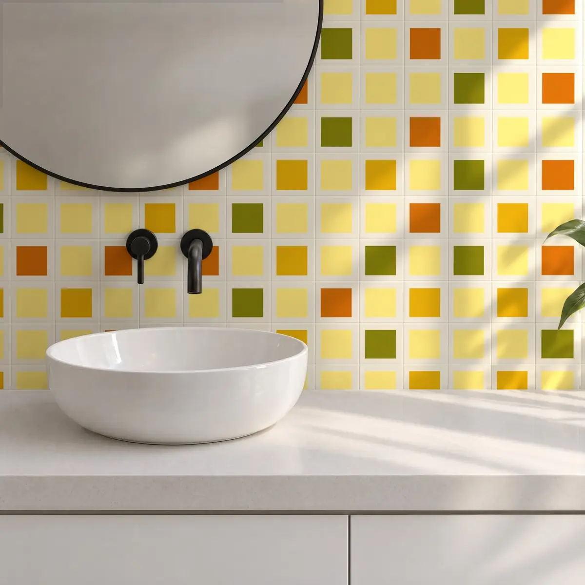 Baño alicatado con Azulejo Square Crema Brillo 10x10 Amarillo Claro combinado con otros colores