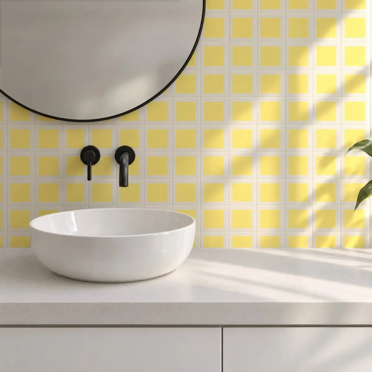 Baño alicatado con Azulejo Square Crema Brillo 10x10 Amarillo Claro
