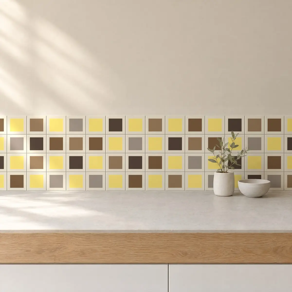Cocina con Azulejo Square Crema Brillo 10x10 Amarillo Claro combinado con otros colores