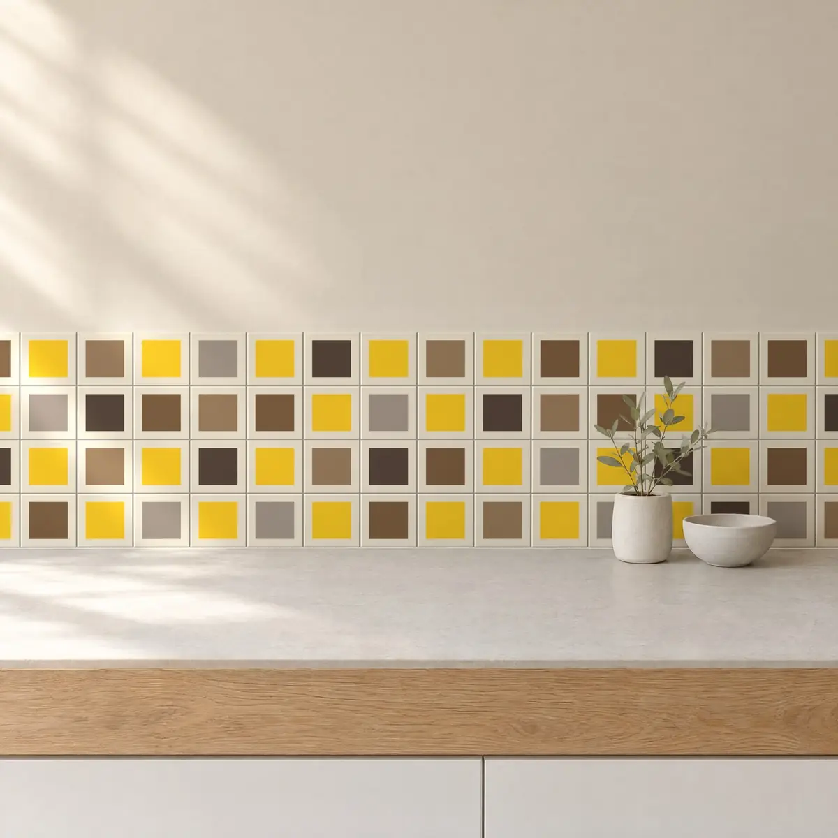 Cocina con Azulejo Square Crema Brillo 10x10 Amarillo combinado con otros colores