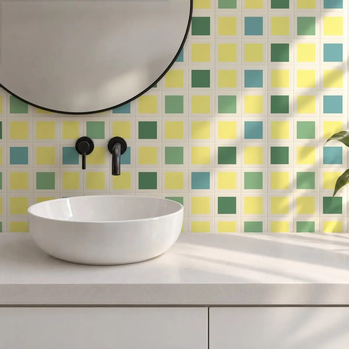 Baño alicatado con Azulejo Square Crema Brillo 10x10 Amarillo Limón combinado con otros colores