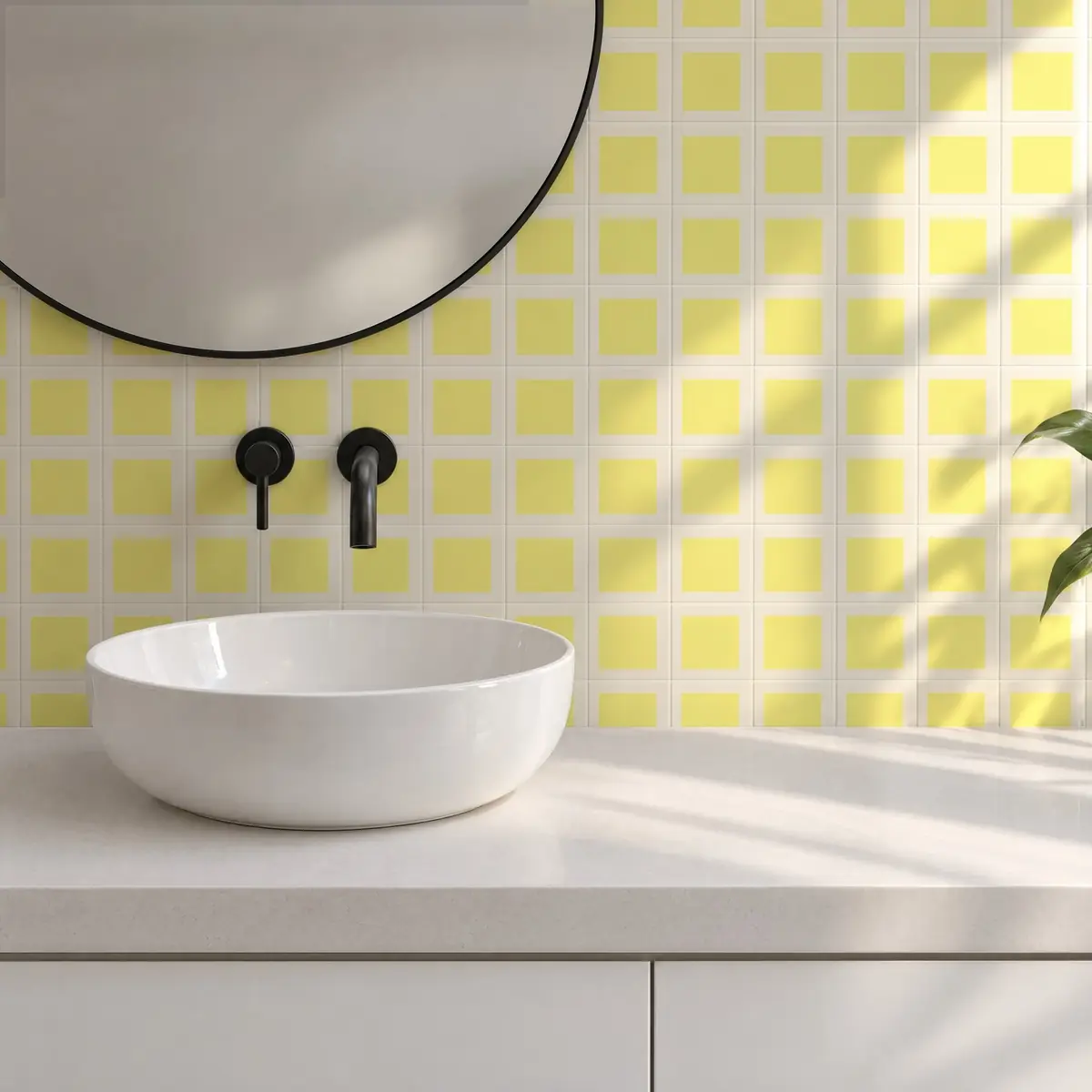 Baño alicatado con Azulejo Square Crema Brillo 10x10 Amarillo Limón