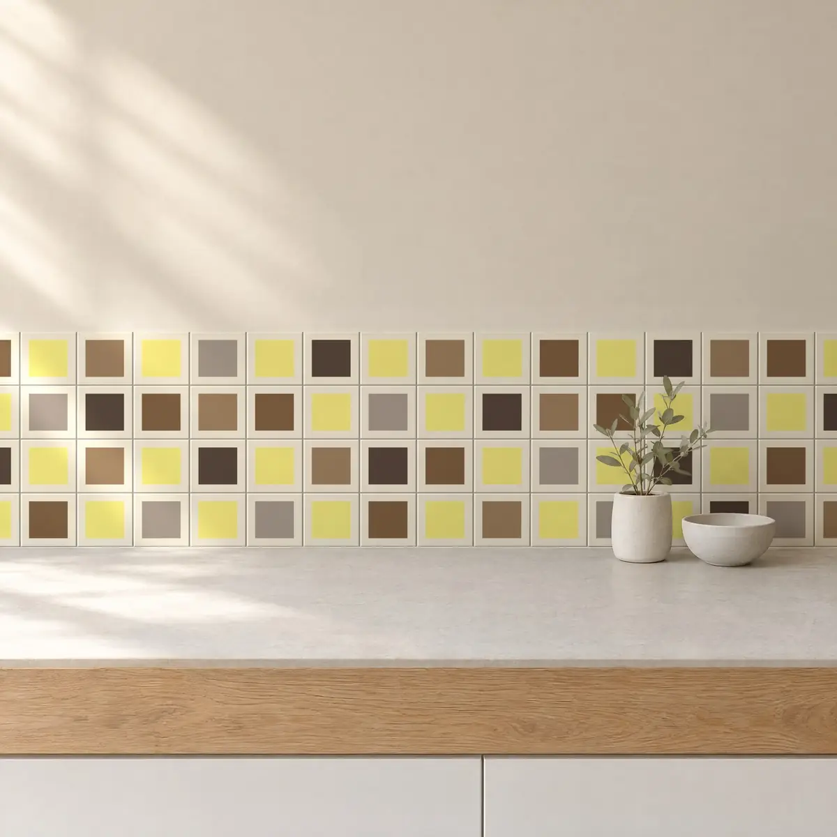 Cocina con Azulejo Square Crema Brillo 10x10 Amarillo Limón combinado con otros colores