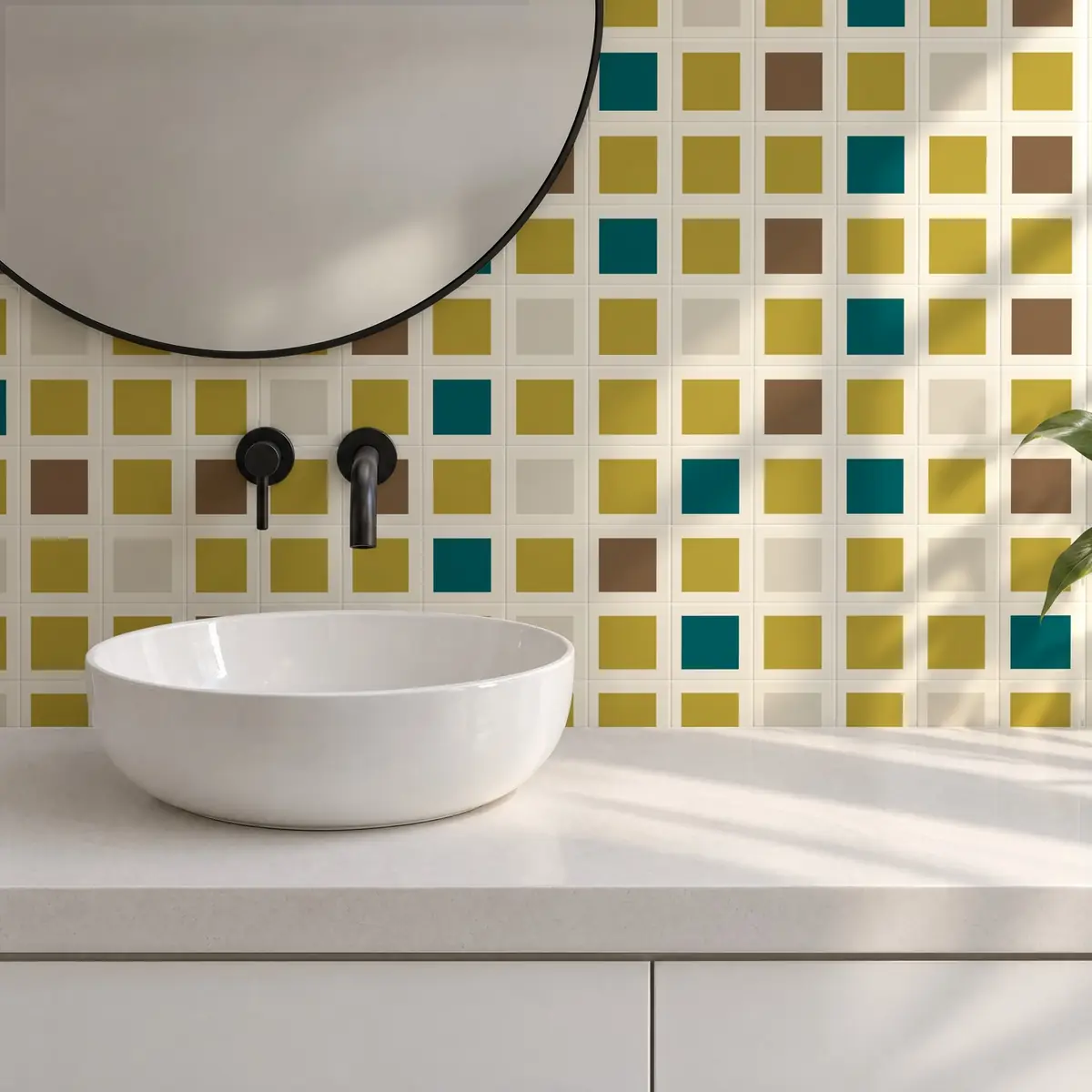 Baño alicatado con Azulejo Square Crema Brillo 10x10 Arena combinado con otros colores