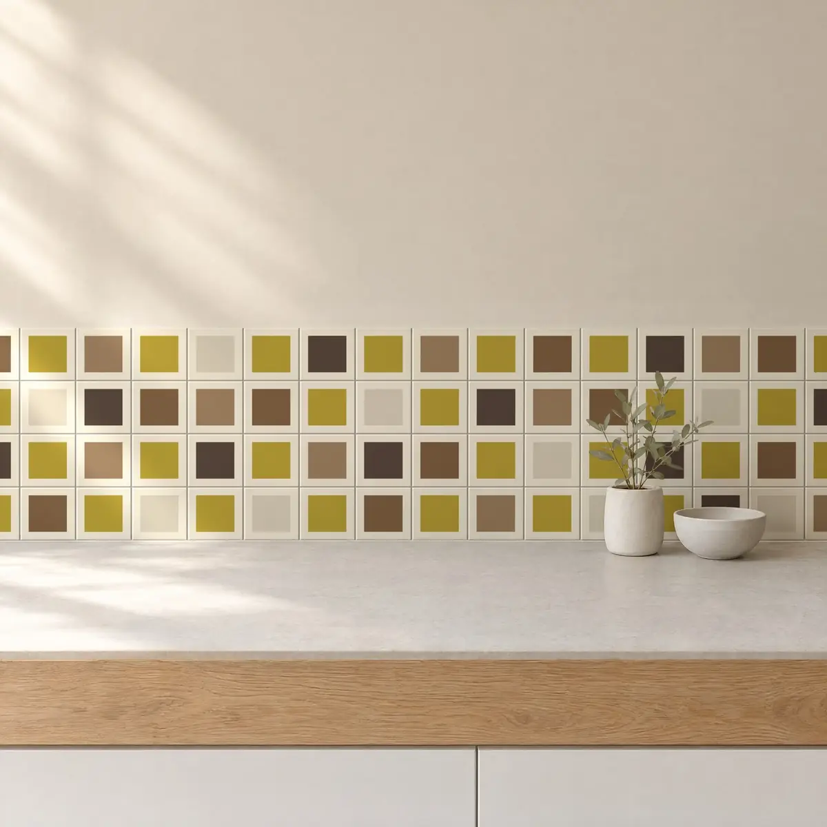 Cocina con Azulejo Square Crema Brillo 10x10 Arena combinado con otros colores