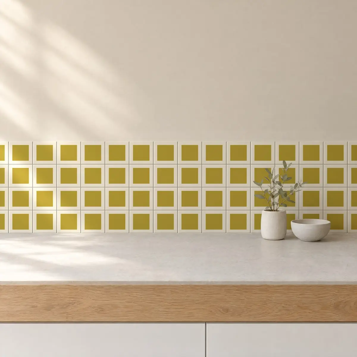 Cocina con Azulejo Square Crema Brillo 10x10 Arena de frente de encimera