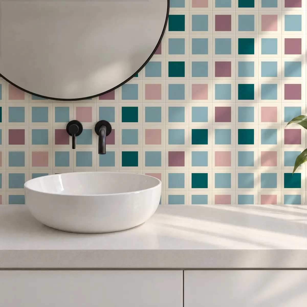 Baño alicatado con Azulejo Square Crema Brillo 10x10 Azul Bebé combinado con otros colores