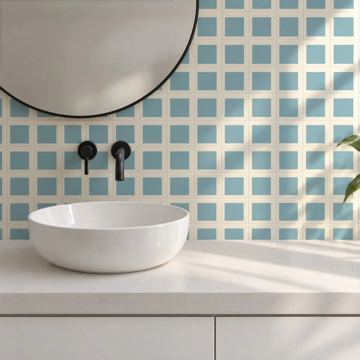 Baño alicatado con Azulejo Square Crema Brillo 10x10 Azul Bebé