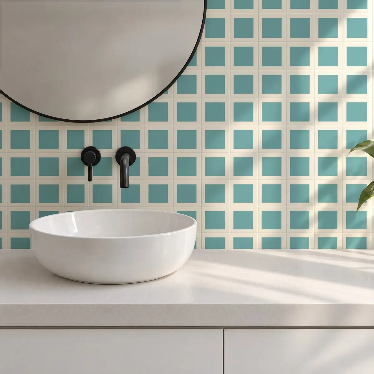 Baño alicatado con Azulejo Square Crema Mate 10x10 Azul Océano