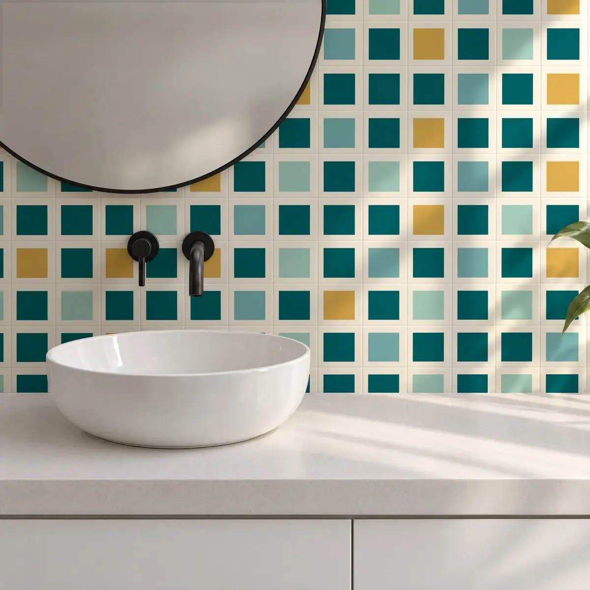 Baño alicatado con Azulejo Square Crema Brillo 10x10 Azul Turquesa combinado con otros colores
