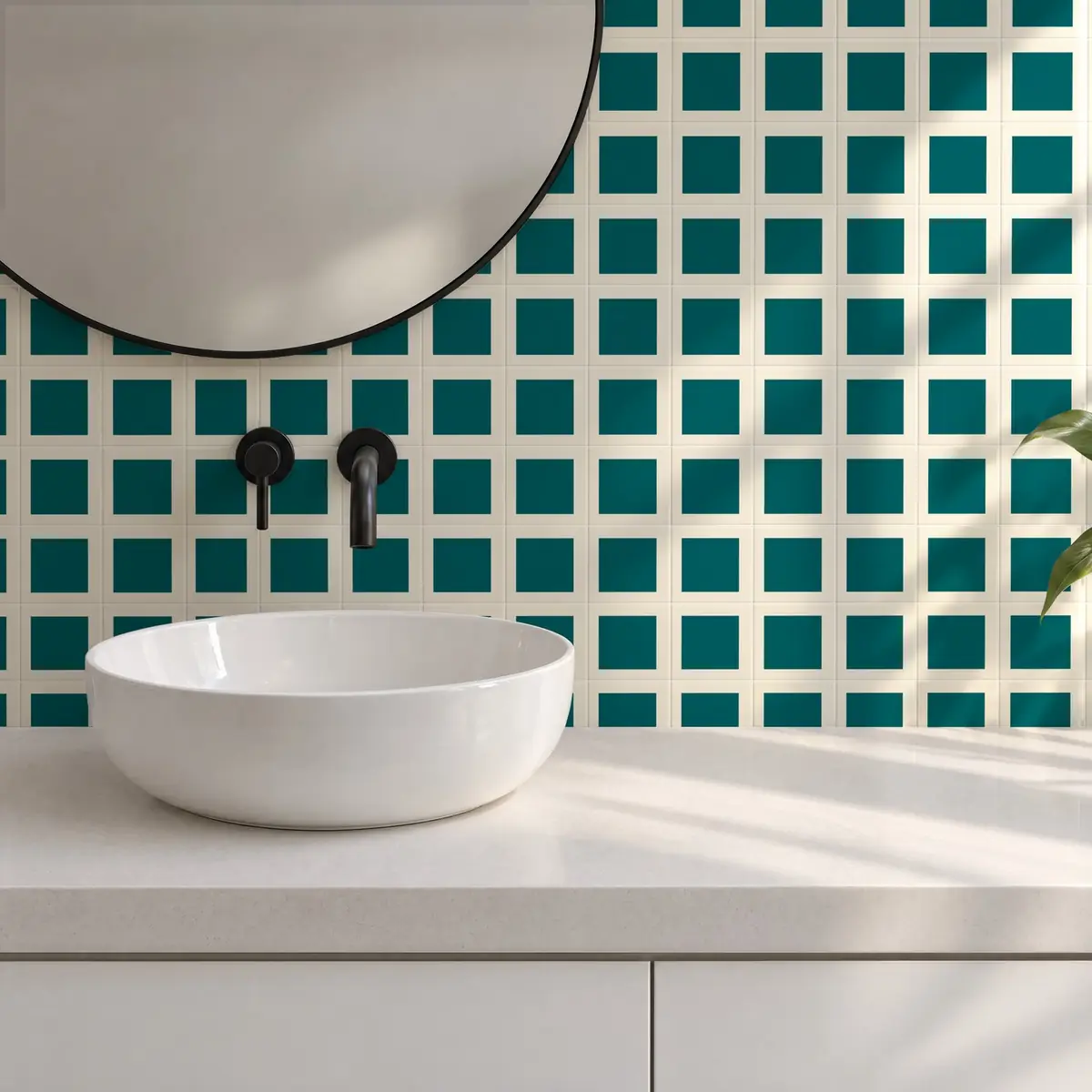 Baño alicatado con Azulejo Square Crema Brillo 10x10 Azul Turquesa