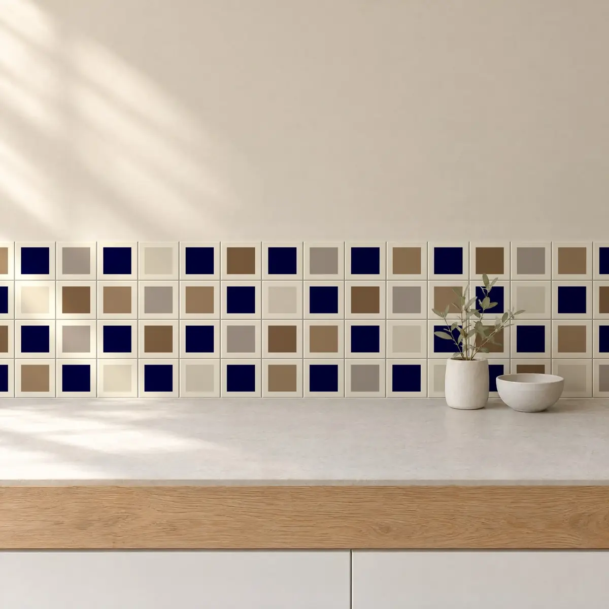 Cocina con Azulejo Square Crema Brillo 10x10 Azul Victoriano combinado con otros colores