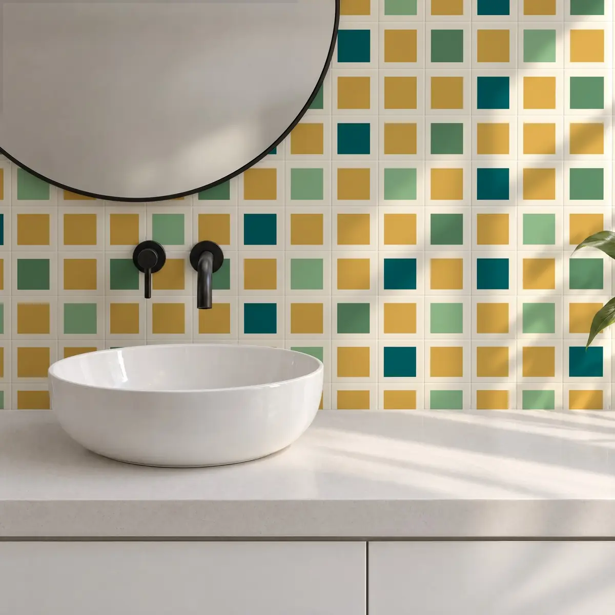 Baño alicatado con Azulejo Square Crema Brillo 10x10 Beige combinado con otros colores