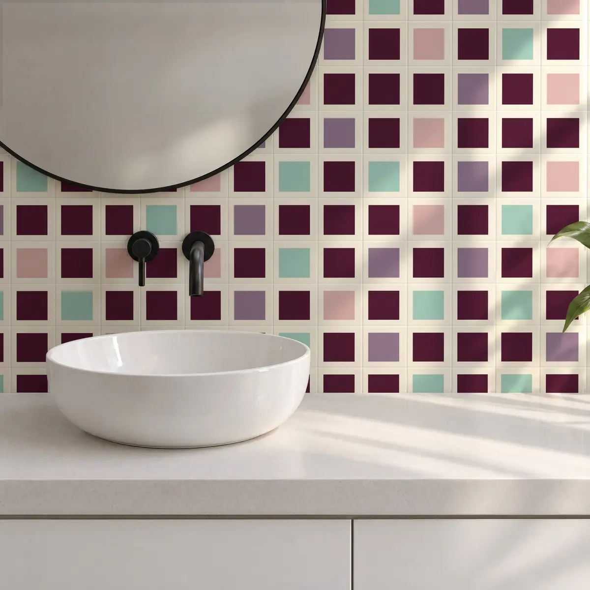 Baño alicatado con Azulejo Square Crema Mate 10x10 Berenjena combinado con otros colores