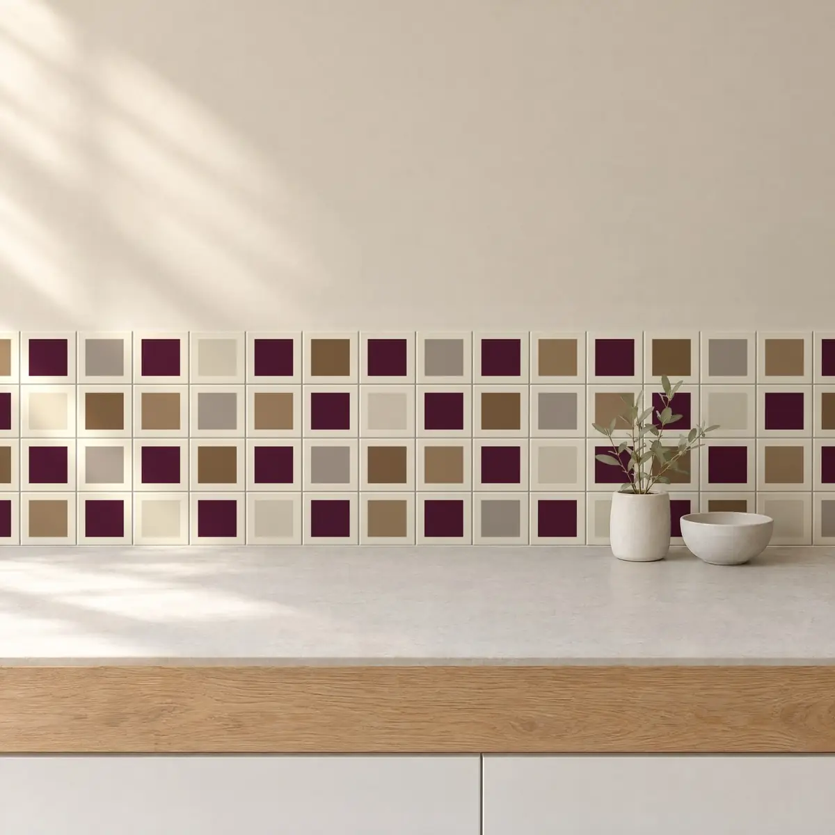 Cocina con Azulejo Square Crema Mate 10x10 Berenjena combinado con otros colores