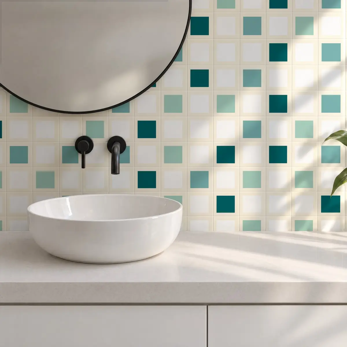Baño alicatado con Azulejo Square Crema Brillo 10x10 Blanco combinado con otros colores