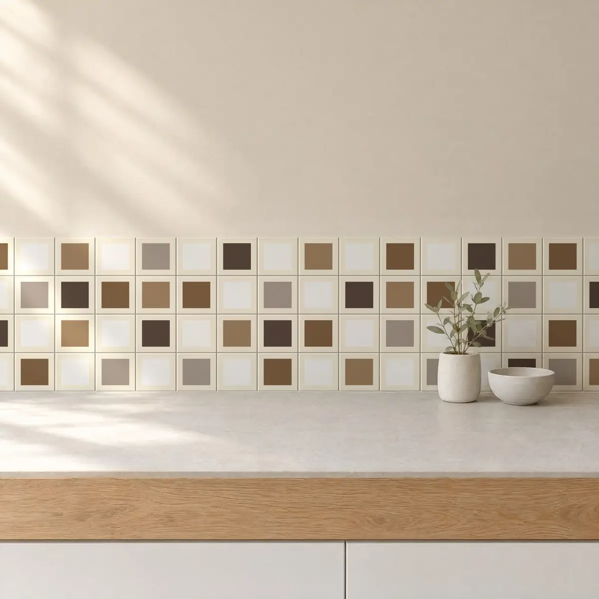 Cocina con Azulejo Square Crema Brillo 10x10 Blanco combinado con otros colores