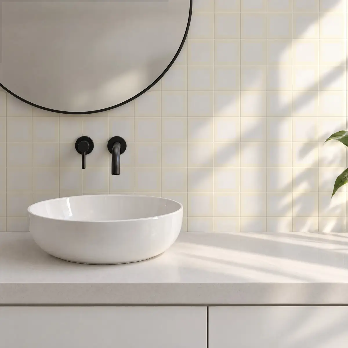 Baño alicatado con Azulejo Square Crema Brillo 10x10 Blanco Perla