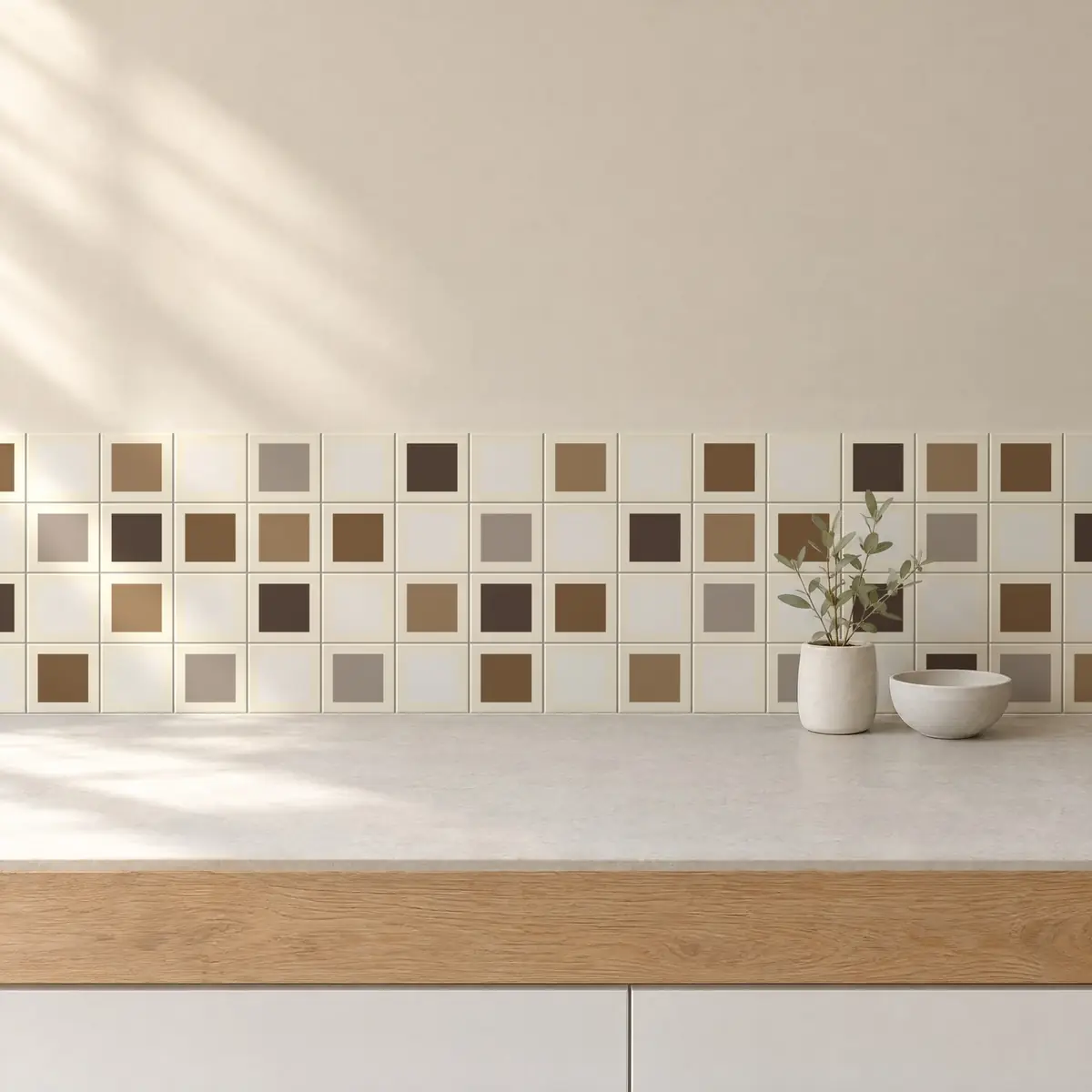 Cocina con Azulejo Square Crema Brillo 10x10 Blanco Perla combinado con otros colores