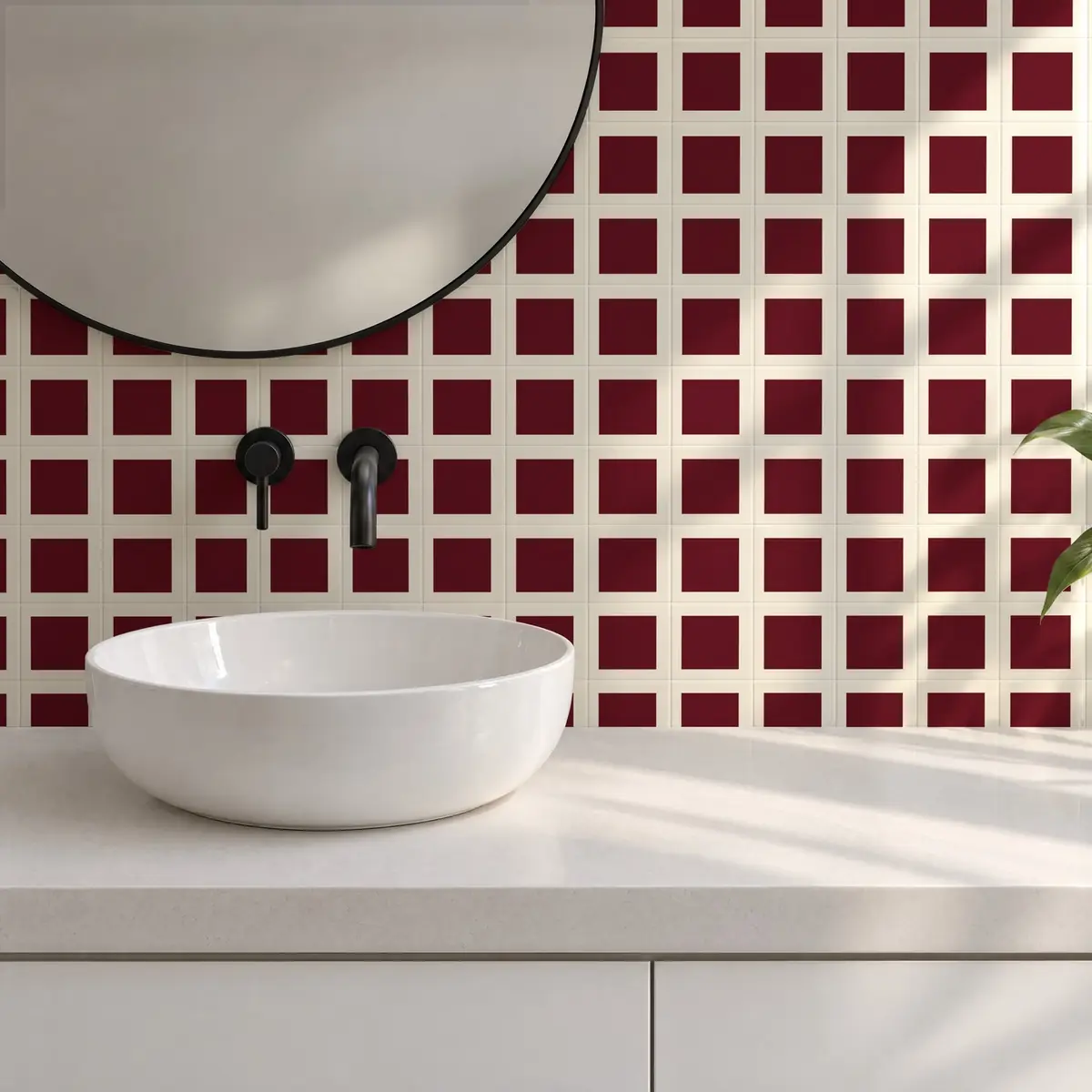 Baño alicatado con Azulejo Square Crema Brillo 10x10 Burdeos