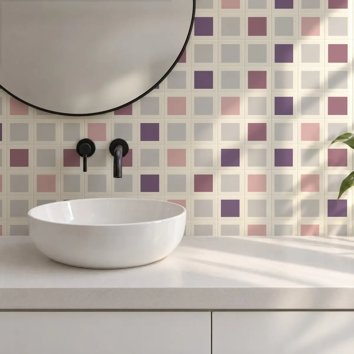 Baño alicatado con Azulejo Square Crema Brillo 10x10 Gris Ceniza combinado con otros colores