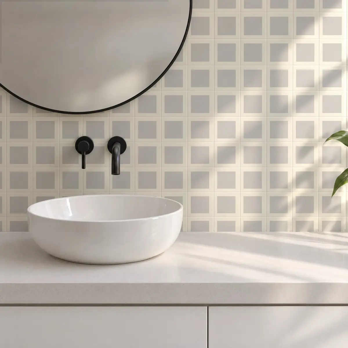 Baño alicatado con Azulejo Square Crema Brillo 10x10 Gris Ceniza