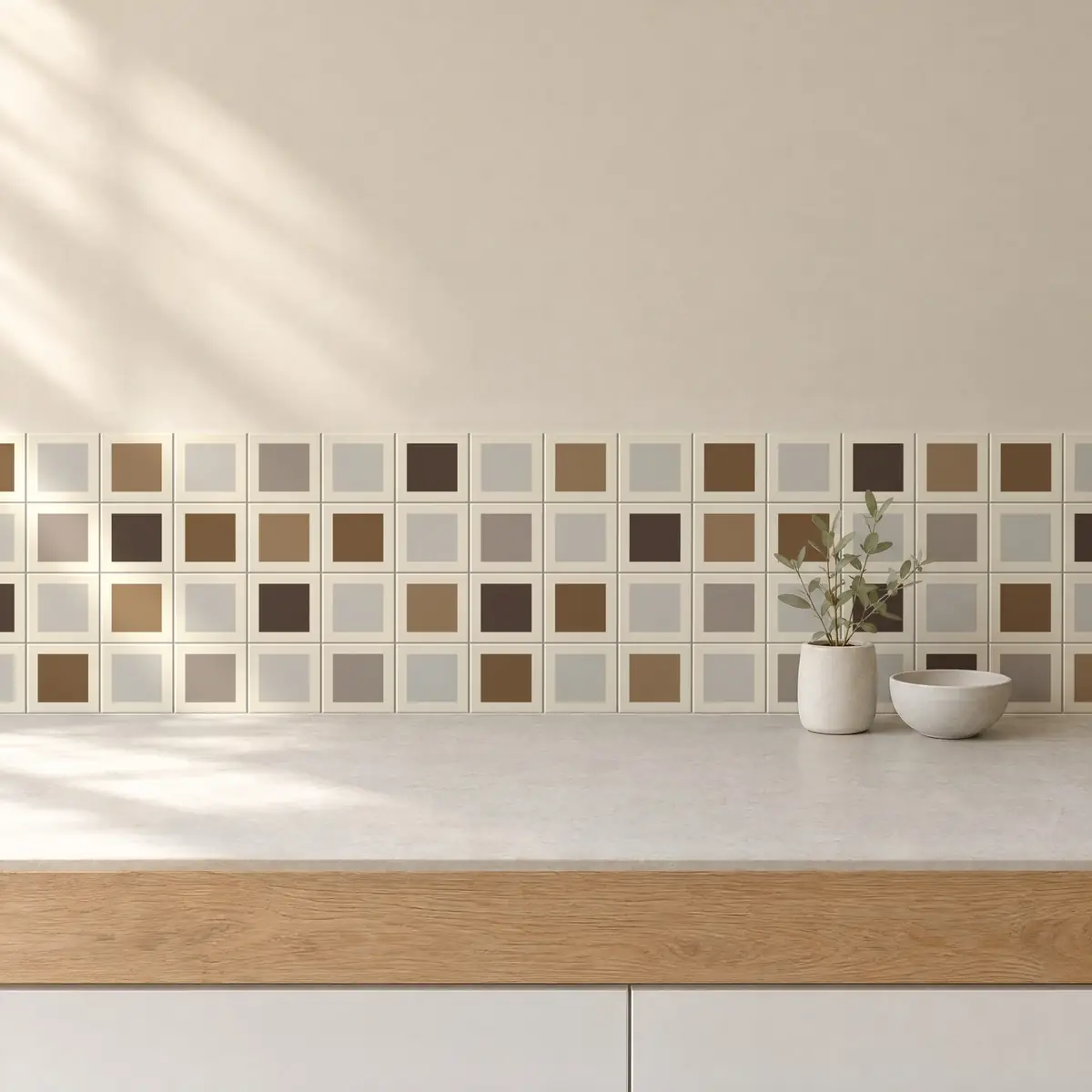 Cocina con Azulejo Square Crema Brillo 10x10 Gris Ceniza combinado con otros colores