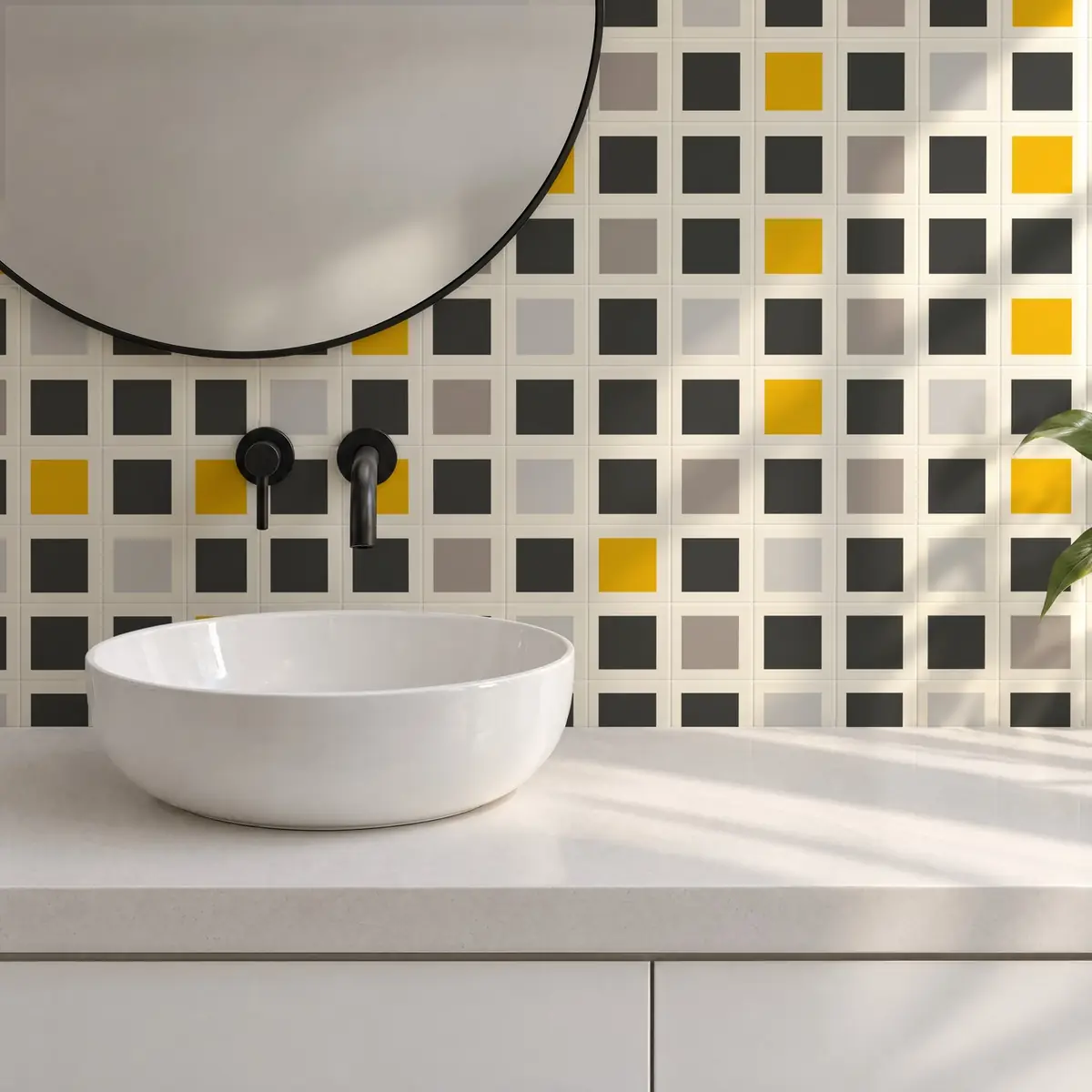 Baño alicatado con Azulejo Square Crema Brillo 10x10 Gris Grafito combinado con otros colores