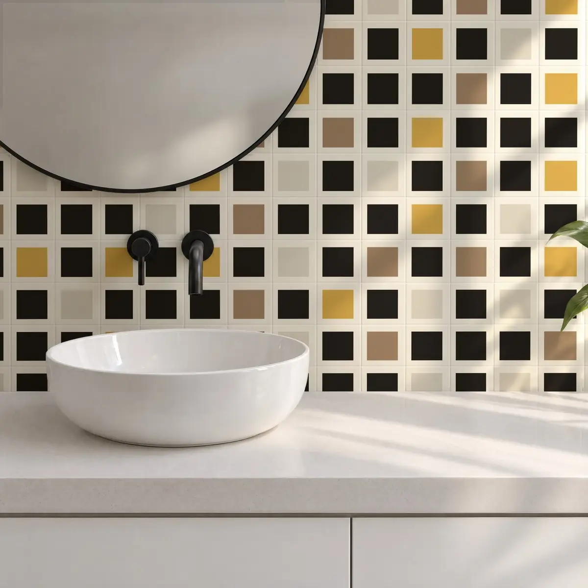 Baño alicatado con Azulejo Square Crema Brillo 10x10 Gris Oscuro combinado con otros colores