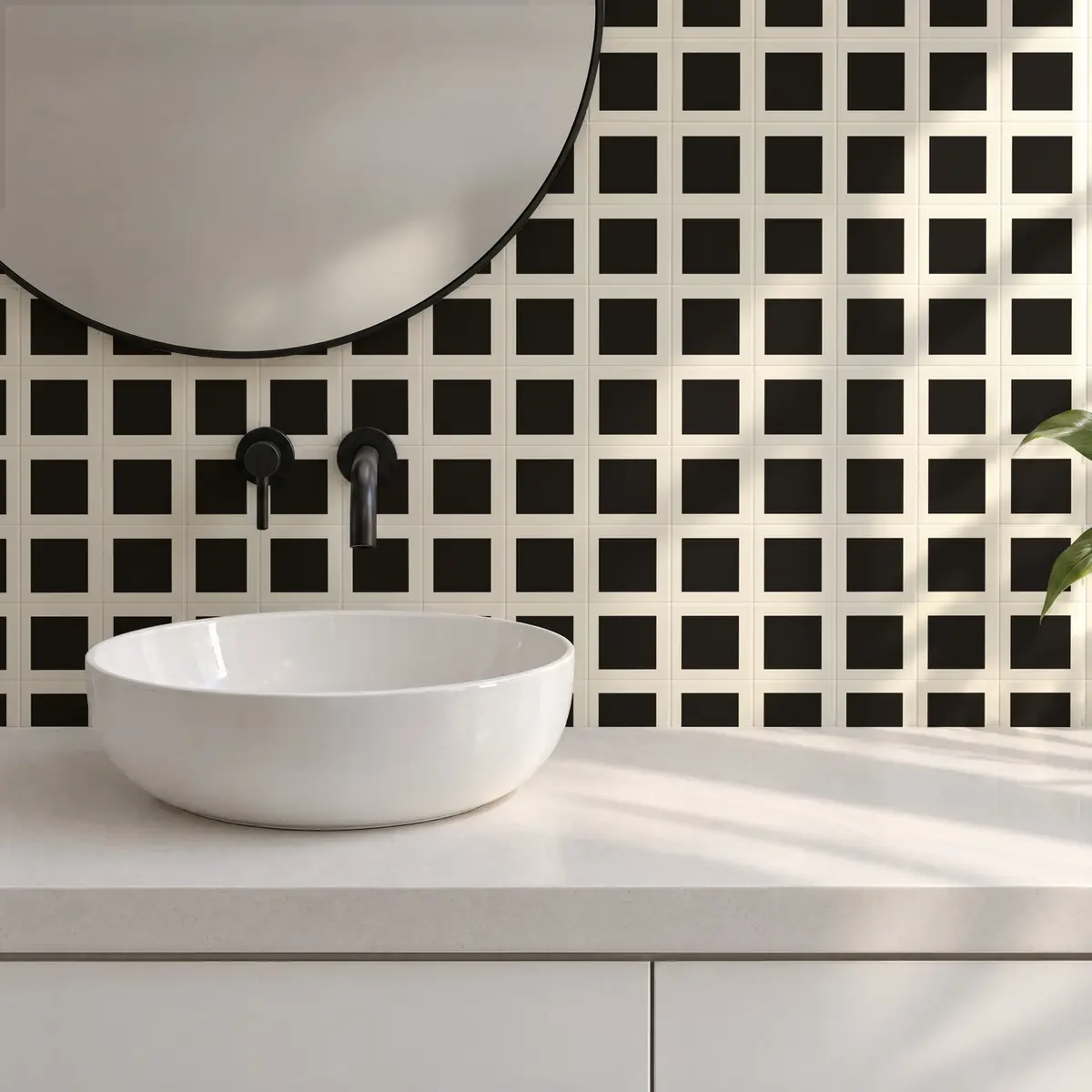 Baño alicatado con Azulejo Square Crema Brillo 10x10 Gris Oscuro