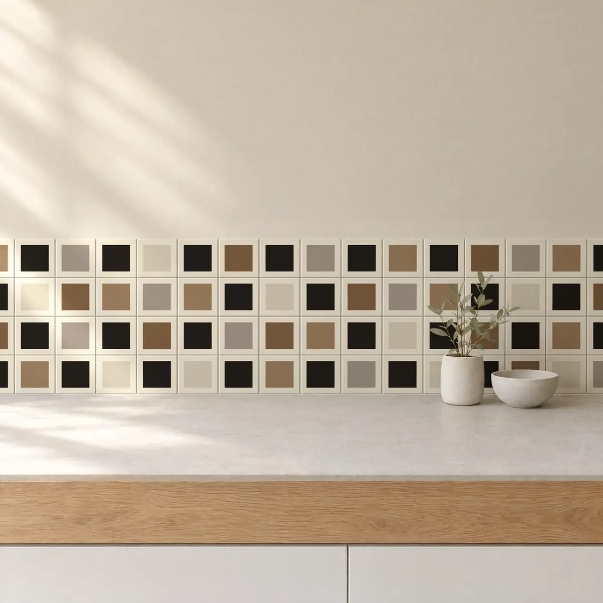 Cocina con Azulejo Square Crema Brillo 10x10 Gris Oscuro combinado con otros colores