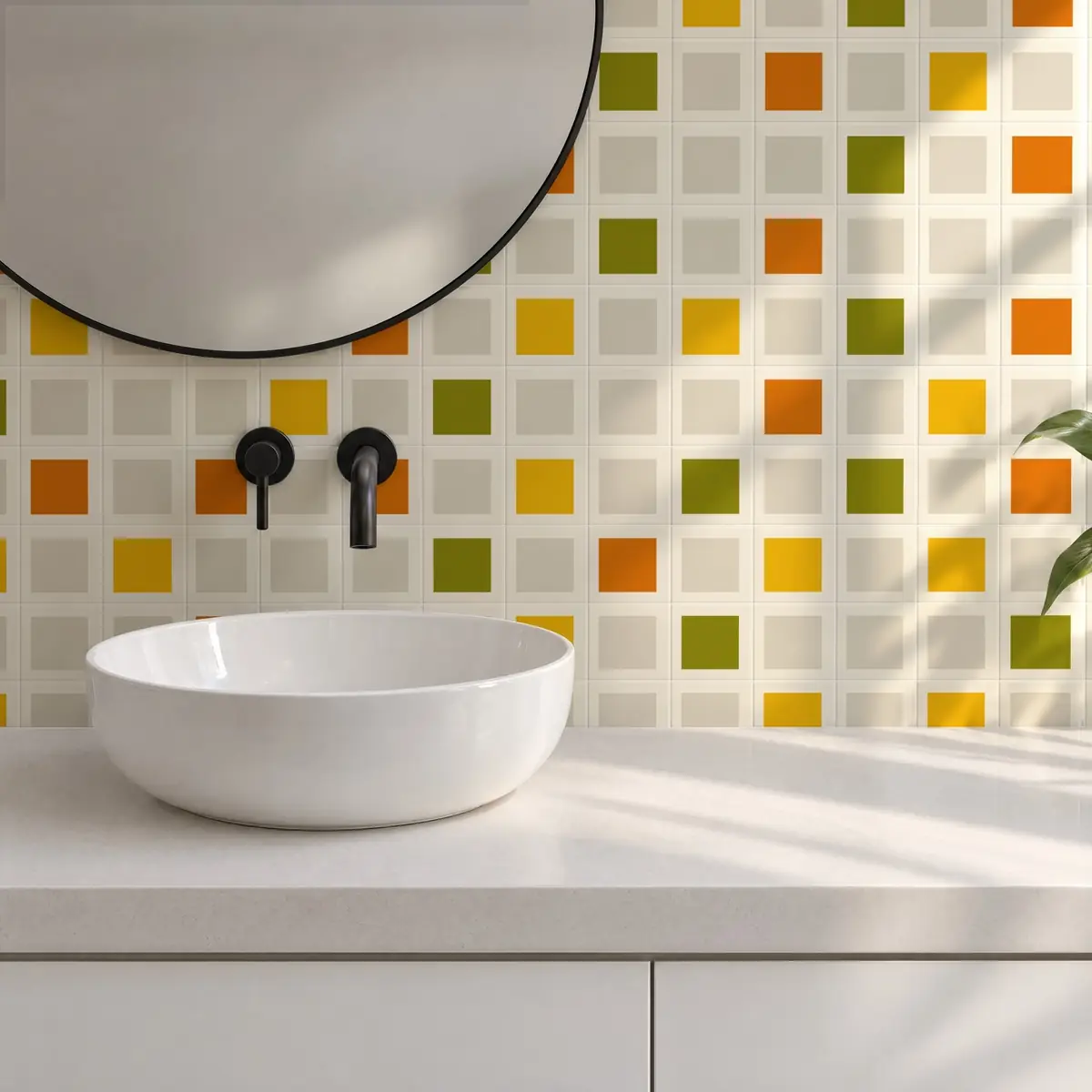 Baño alicatado con Azulejo Square Crema Brillo 10x10 Hueso combinado con otros colores