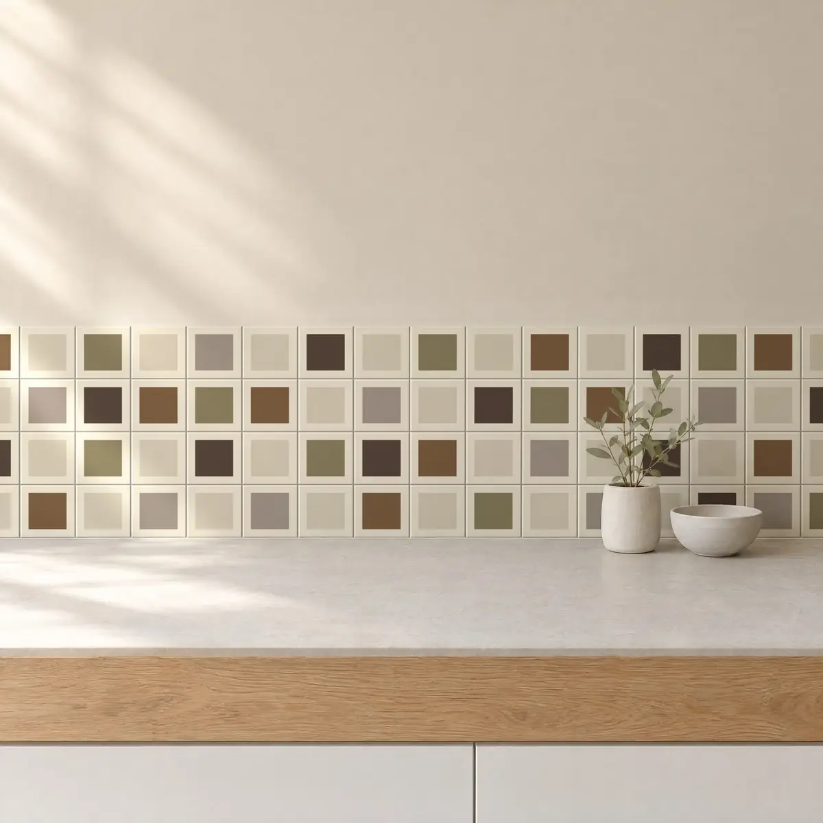 Cocina con Azulejo Square Crema Brillo 10x10 Hueso combinado con otros colores