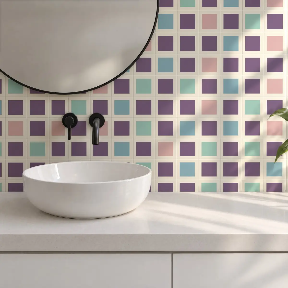 Baño alicatado con Azulejo Square Crema Brillo 10x10 Lila combinado con otros colores