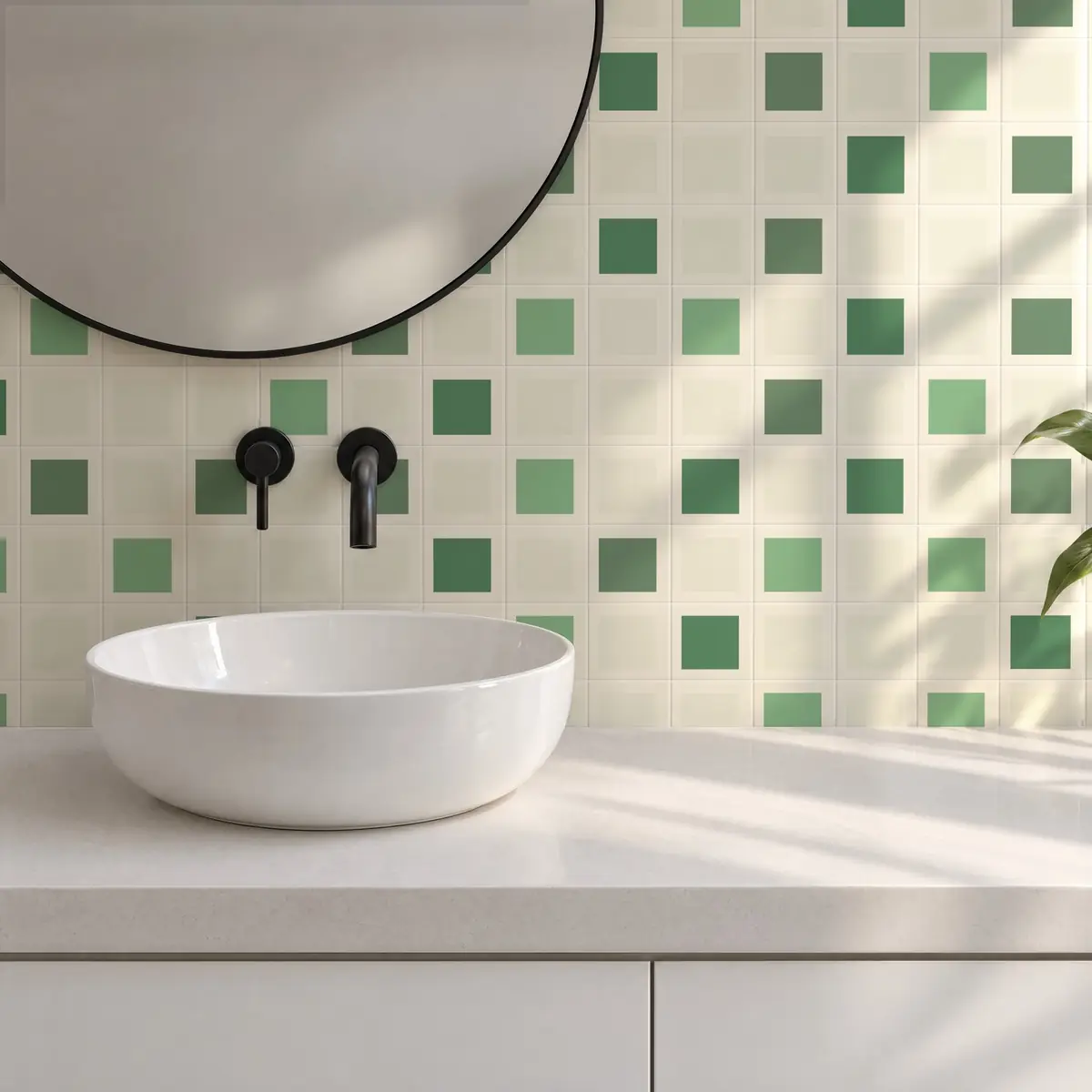 Baño alicatado con Azulejo Square Crema Brillo 10x10 Mantequilla combinado con otros colores