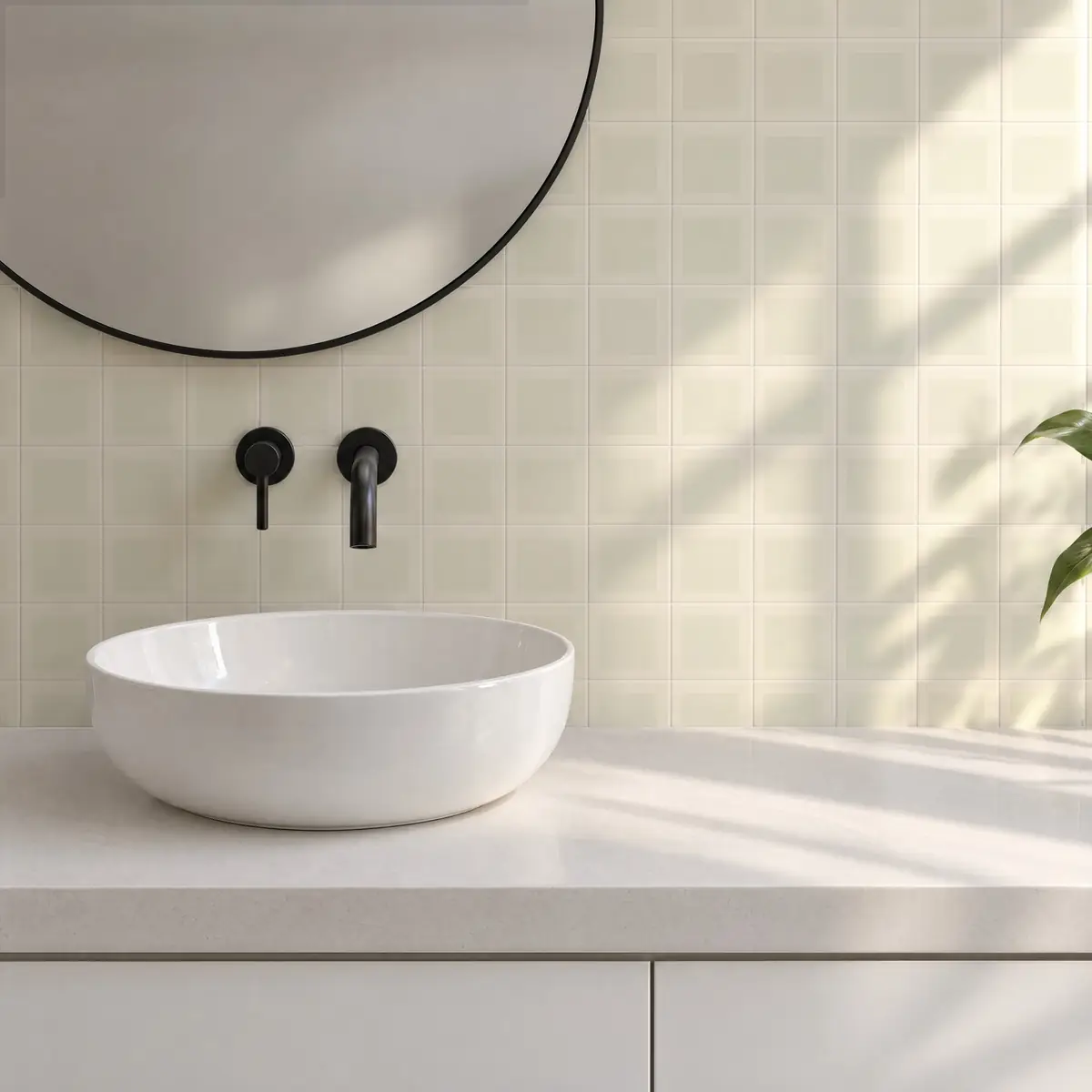 Baño alicatado con Azulejo Square Crema Brillo 10x10 Mantequilla