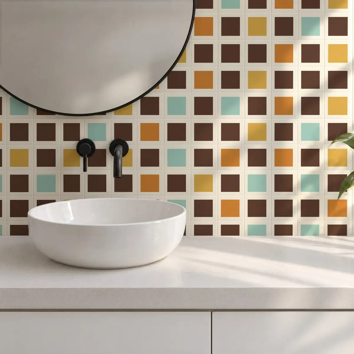 Baño alicatado con Azulejo Square Crema Brillo 10x10 Marrón combinado con otros colores