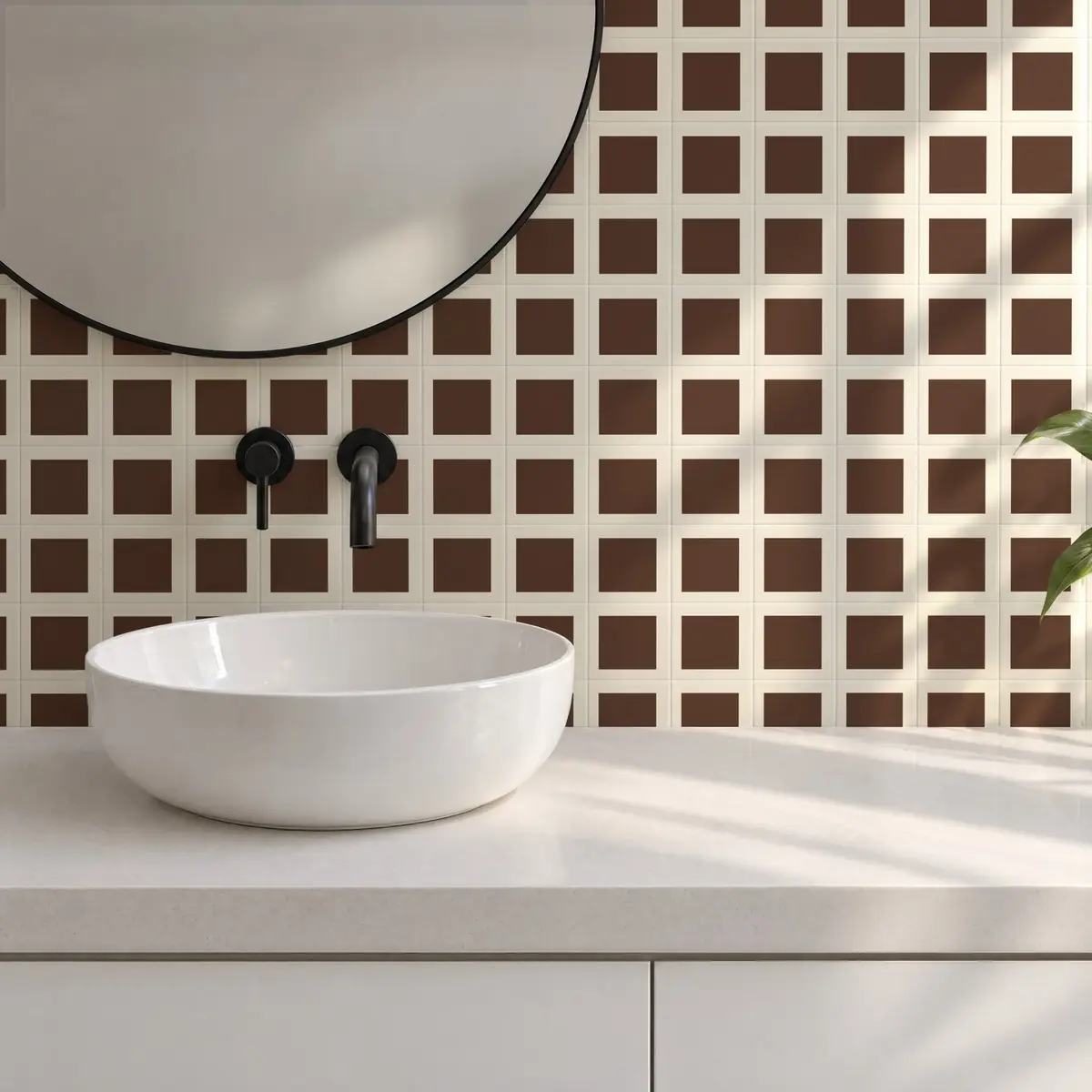Baño alicatado con Azulejo Square Crema Brillo 10x10 Marrón