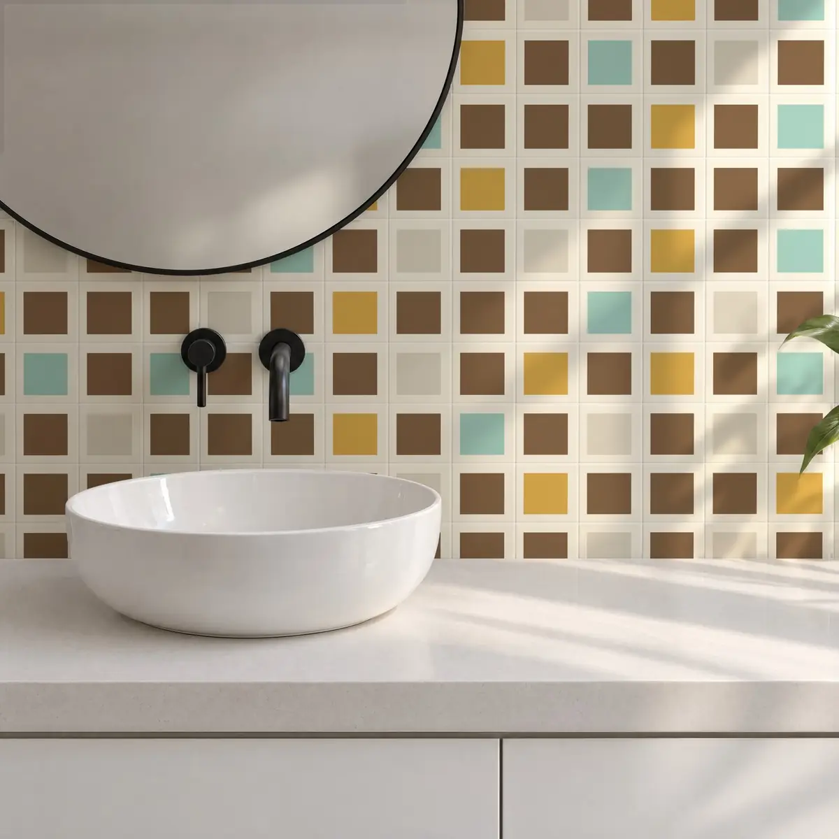 Baño alicatado con Azulejo Square Crema Brillo 10x10 Marrón Caramelo combinado con otros colores