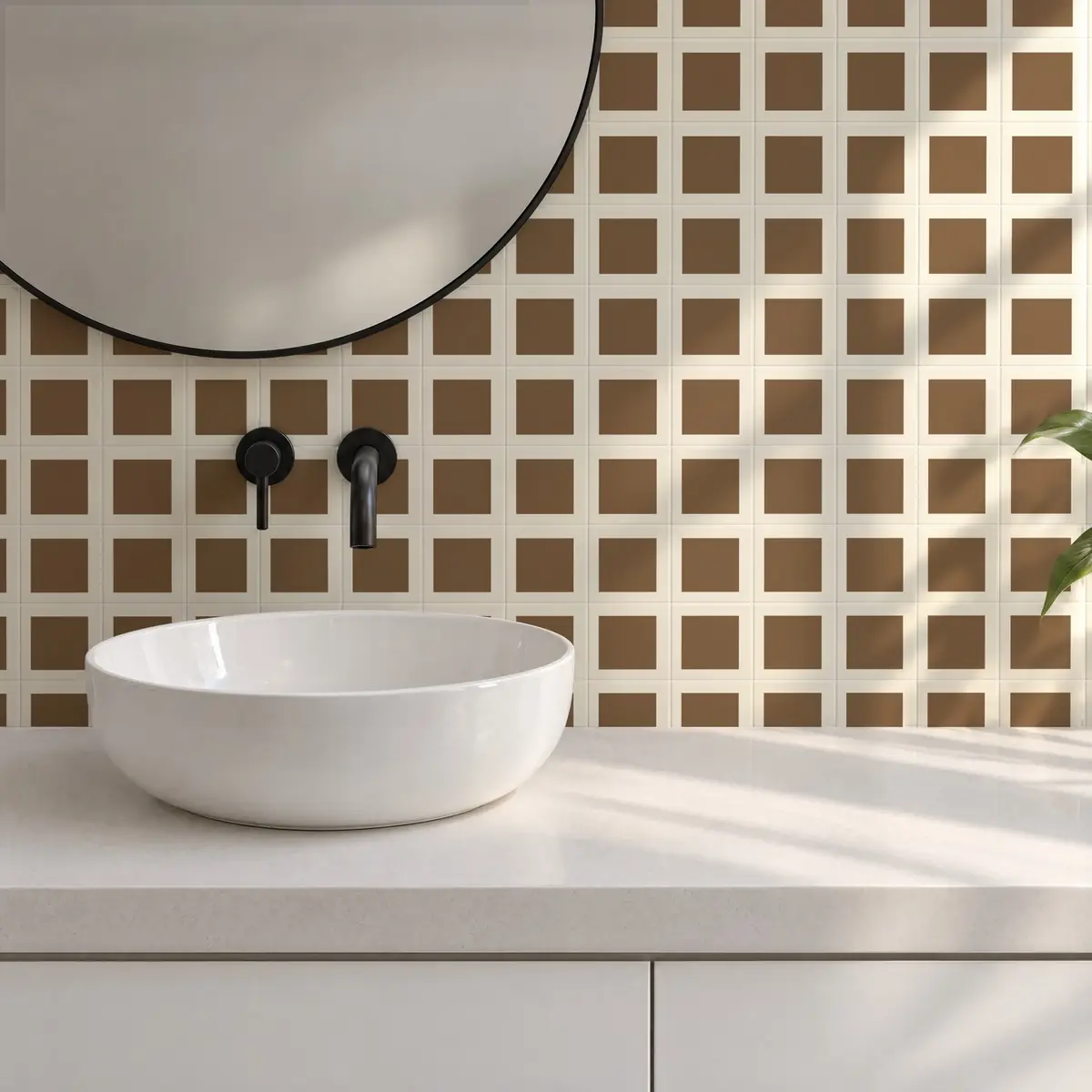 Baño alicatado con Azulejo Square Crema Brillo 10x10 Marrón Caramelo