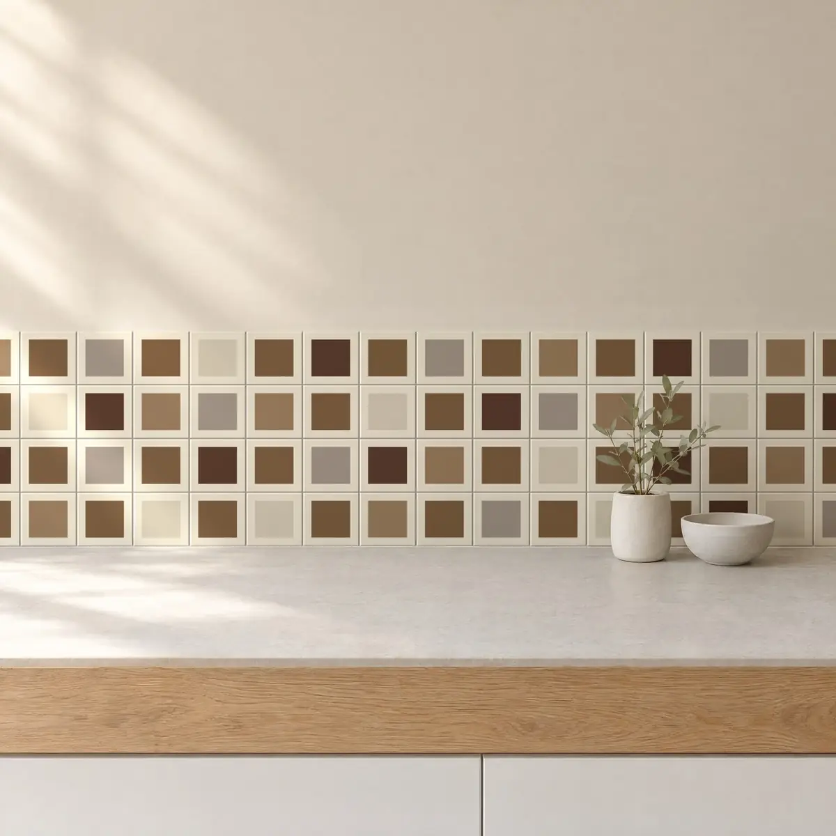 Cocina con Azulejo Square Crema Brillo 10x10 Marrón Caramelo combinado con otros colores
