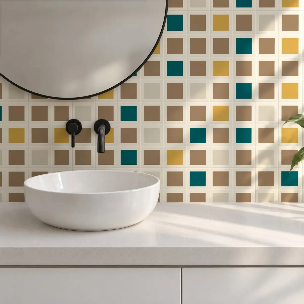 Baño alicatado con Azulejo Square Crema Mate 10x10 Marrón Champiñón combinado con otros colores