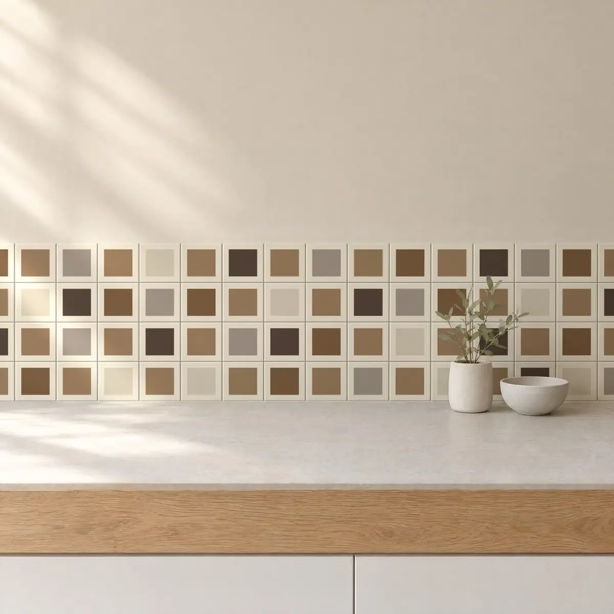 Cocina con Azulejo Square Crema Mate 10x10 Marrón Champiñón combinado con otros colores