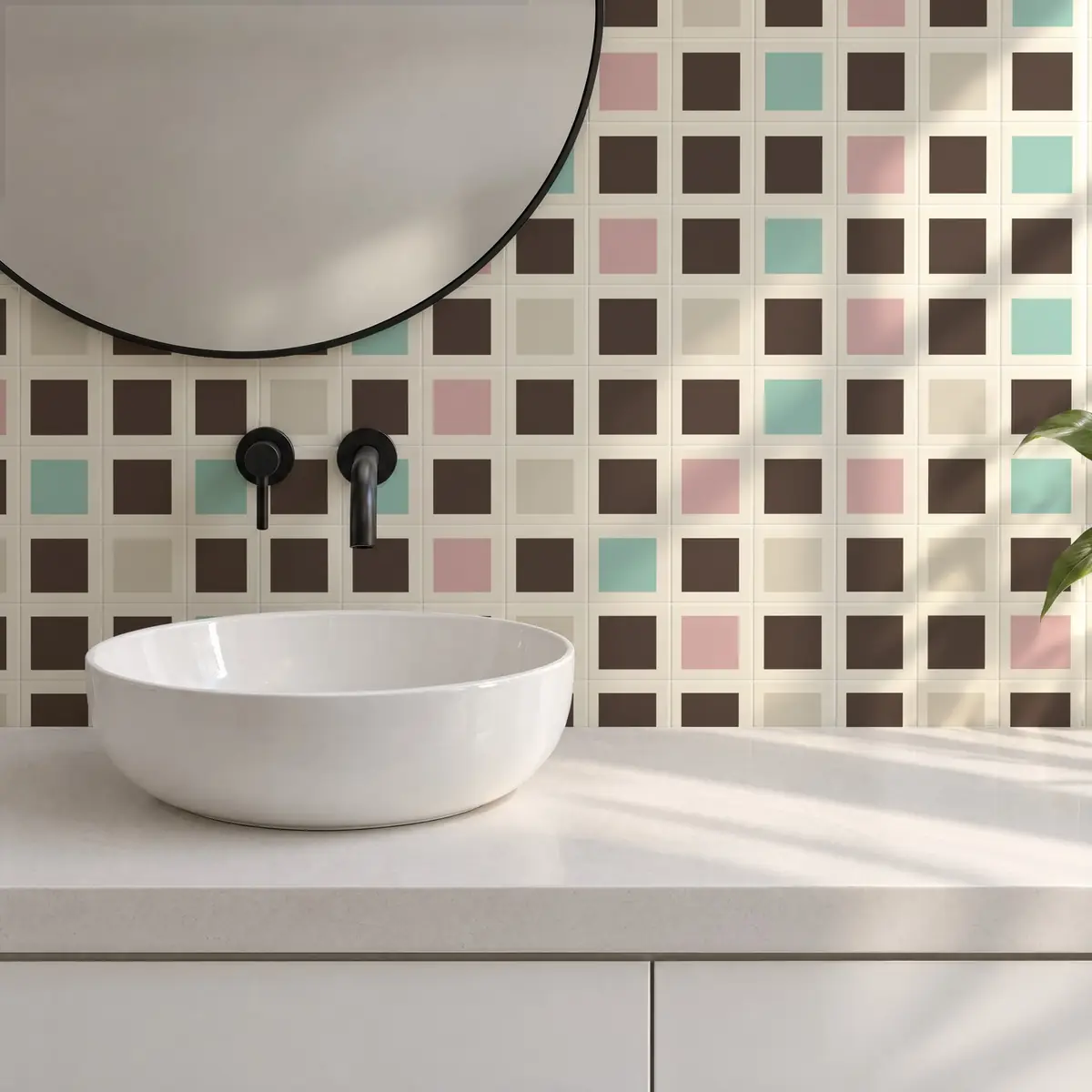 Baño alicatado con Azulejo Square Crema Brillo 10x10 Marrón Chocolate combinado con otros colores