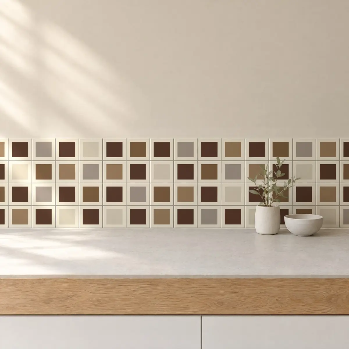 Cocina con Azulejo Square Crema Brillo 10x10 Marrón combinado con otros colores